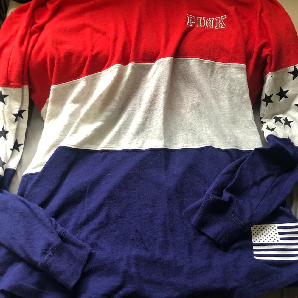 PINK Victoria's Secret Red White Blue Colorblock Star Sleeve Hoodie